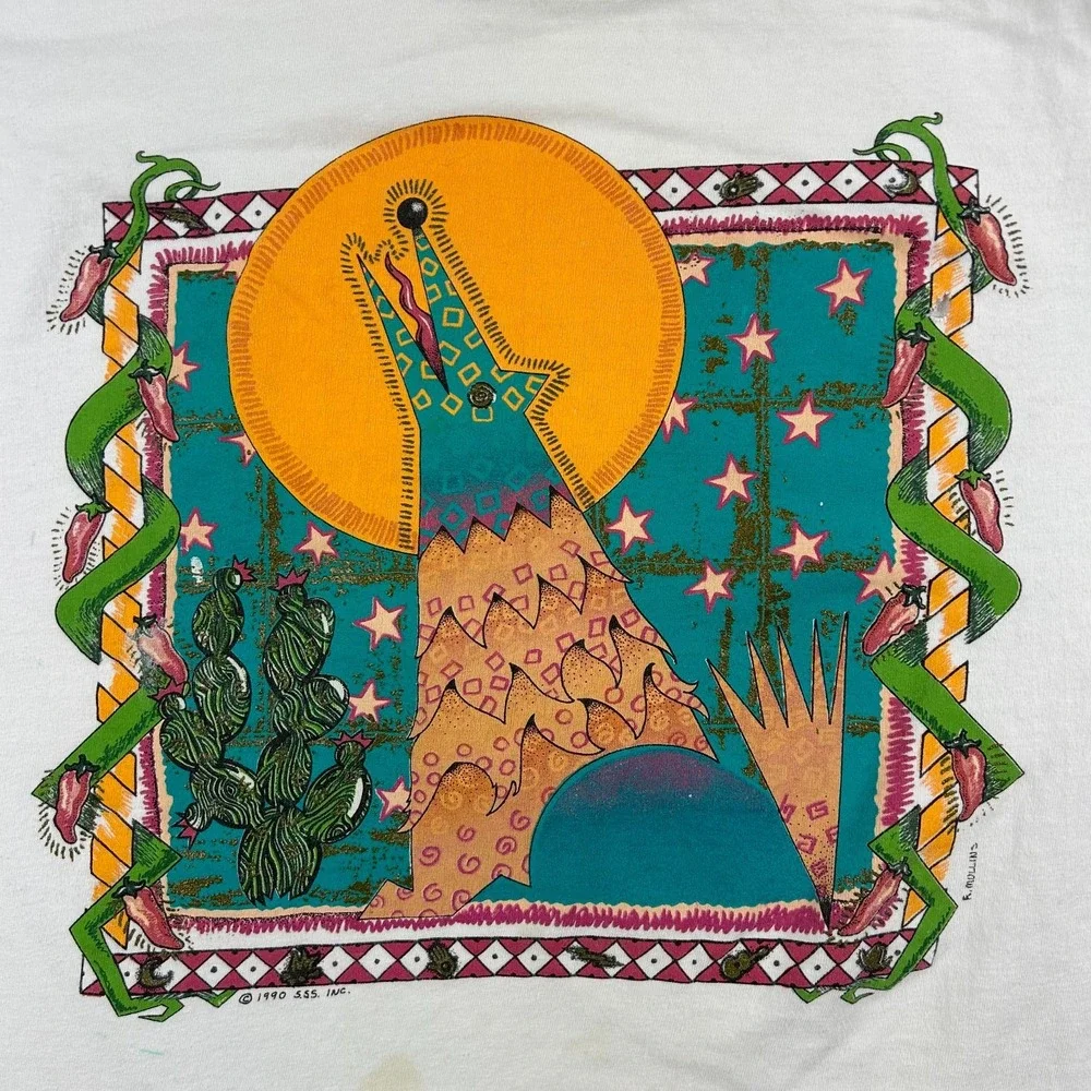 Vintage R Mullins‎ Shirt Mens Large Art Tee Western Coyote Single Stitch White - Picture 2 of 10